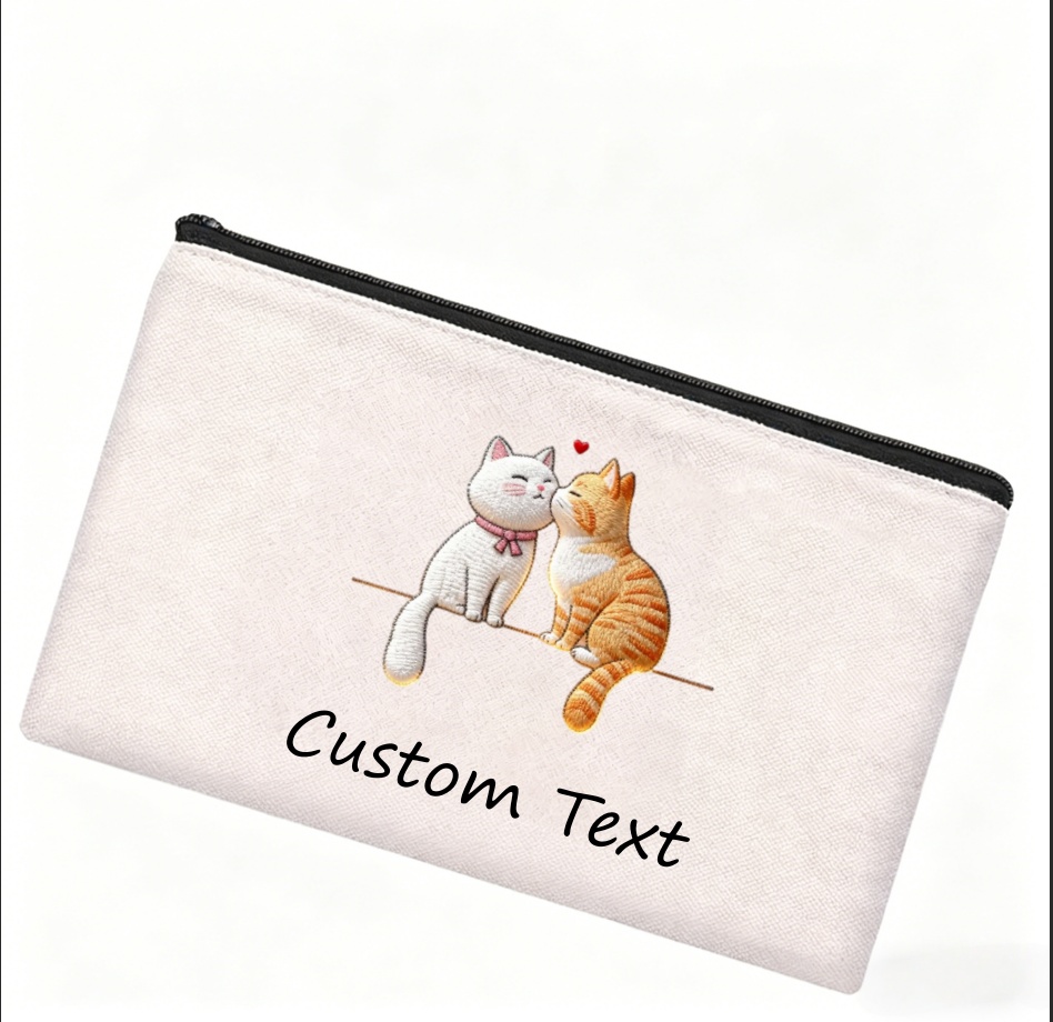 Embroidery Effect Canva - 1PCPersonalized Kissing Cat Cosmetic Pouch Custom