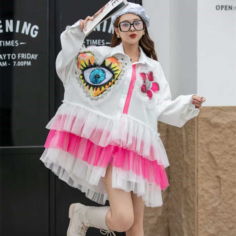 Embroidery White Dress - Women Spring Autumn Mesh Spliced Ruffles