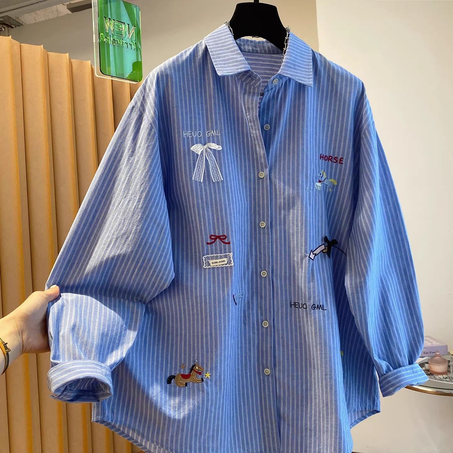 Embroidery Jacket - Korean Blue Embroidered Striped Shirt Female