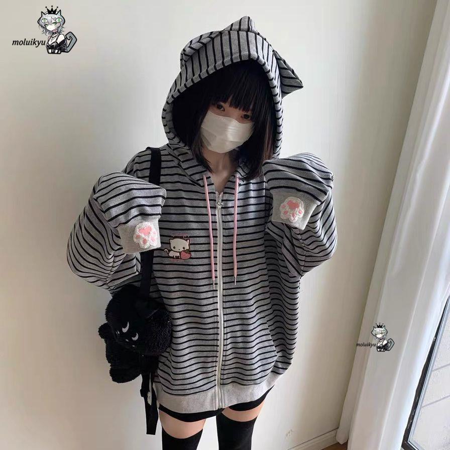 Y2K Women Striped Zip Up Jacke - Embroidery Jacket ulasan dan harga