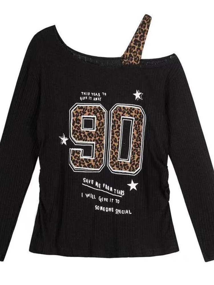 Y2K Patchwork Leopard Print T- - Embroidery Print ulasan dan harga