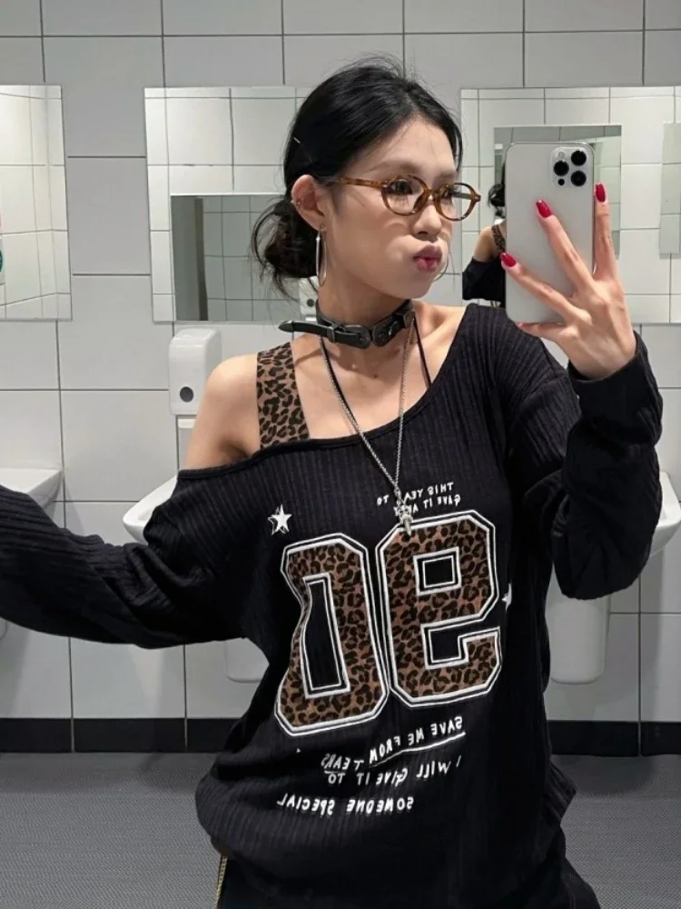 Y2K Patchwork Leopard Print T- - Embroidery Print ulasan dan harga