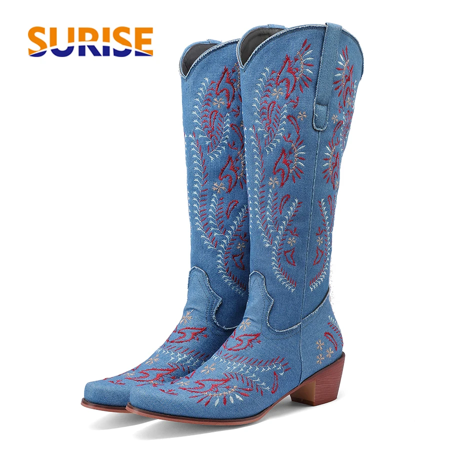 Blue Denim Western Cowgirl Kne - Embroidery Flower ulasan dan harga