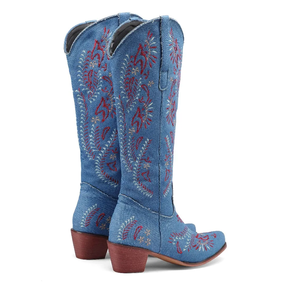 Blue Denim Western Cowgirl Kne - Embroidery Flower ulasan dan harga